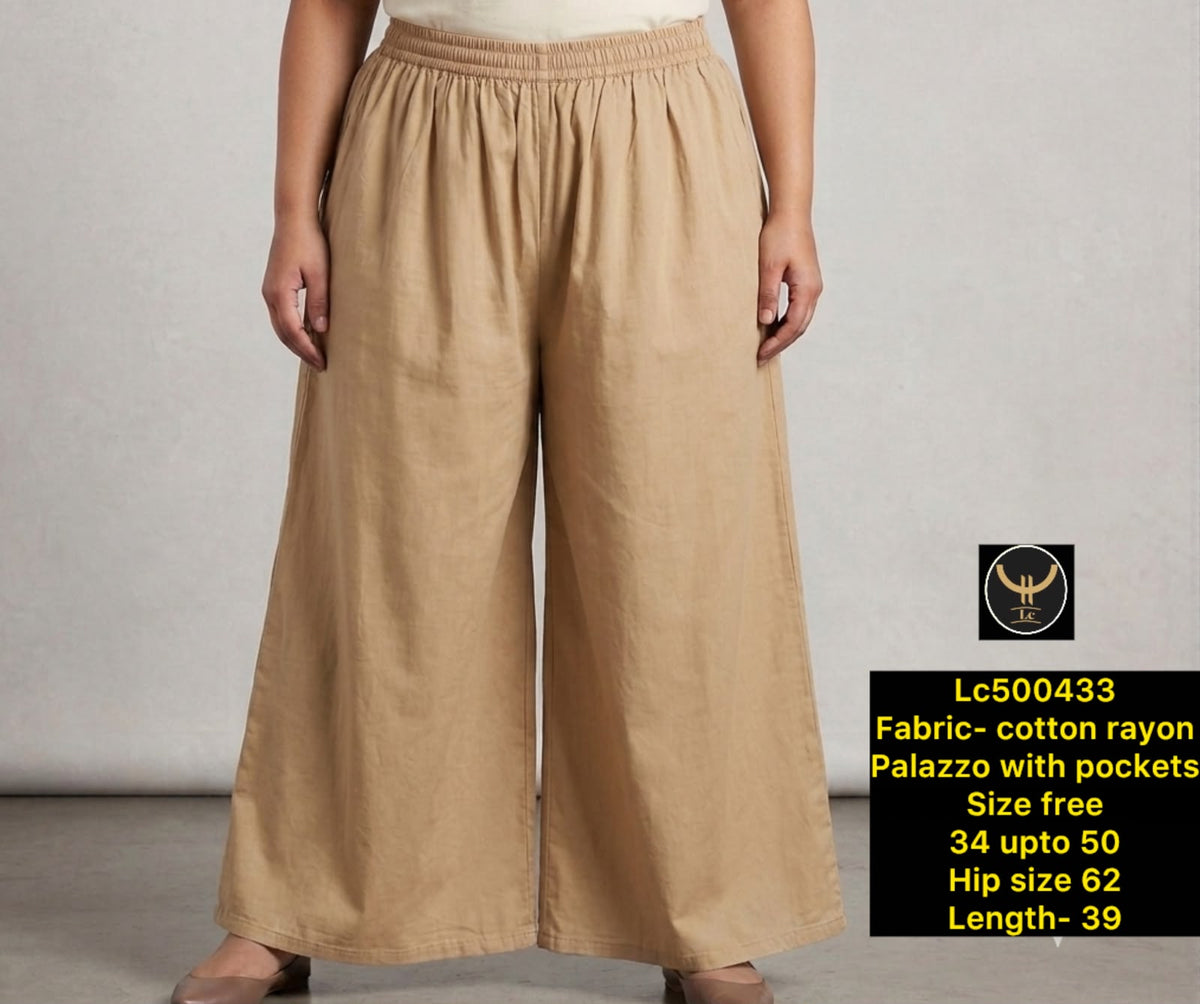 Plus Size Cotton Rayon Wide Leg Palazzo Pants with Pockets