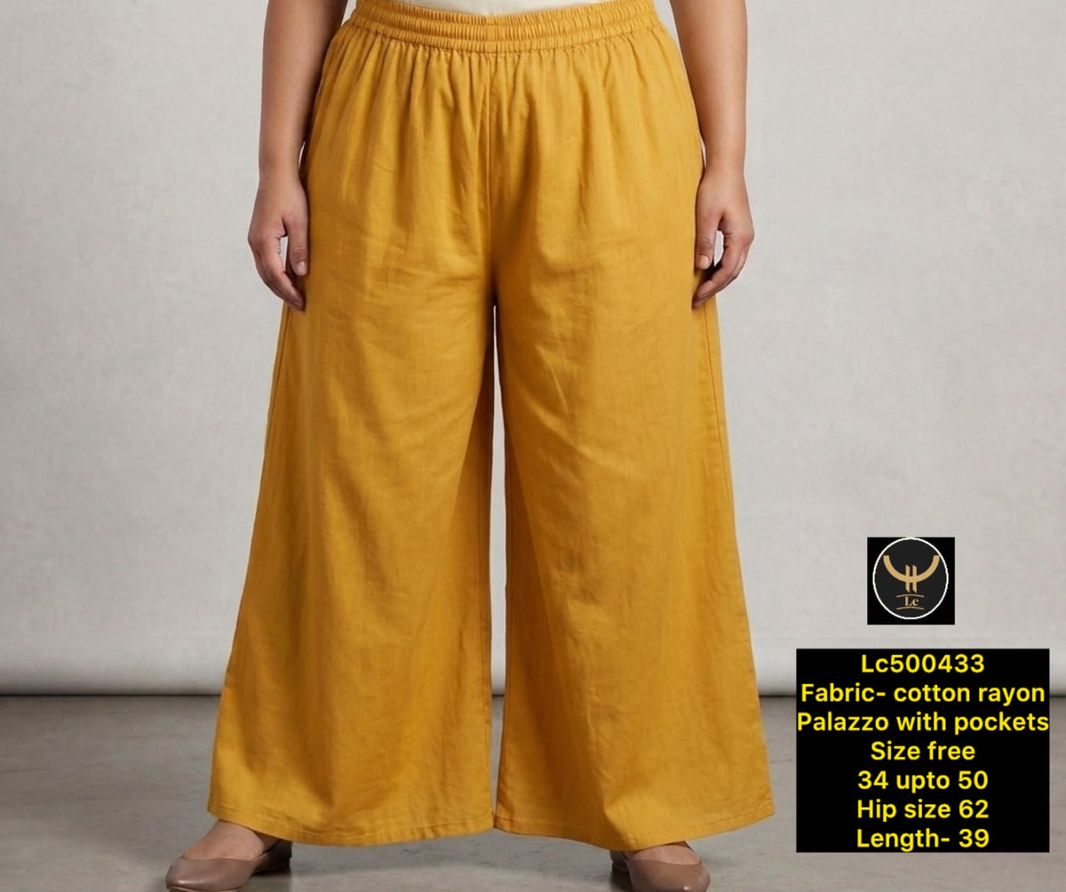 Plus Size Cotton Rayon Wide Leg Palazzo Pants with Pockets
