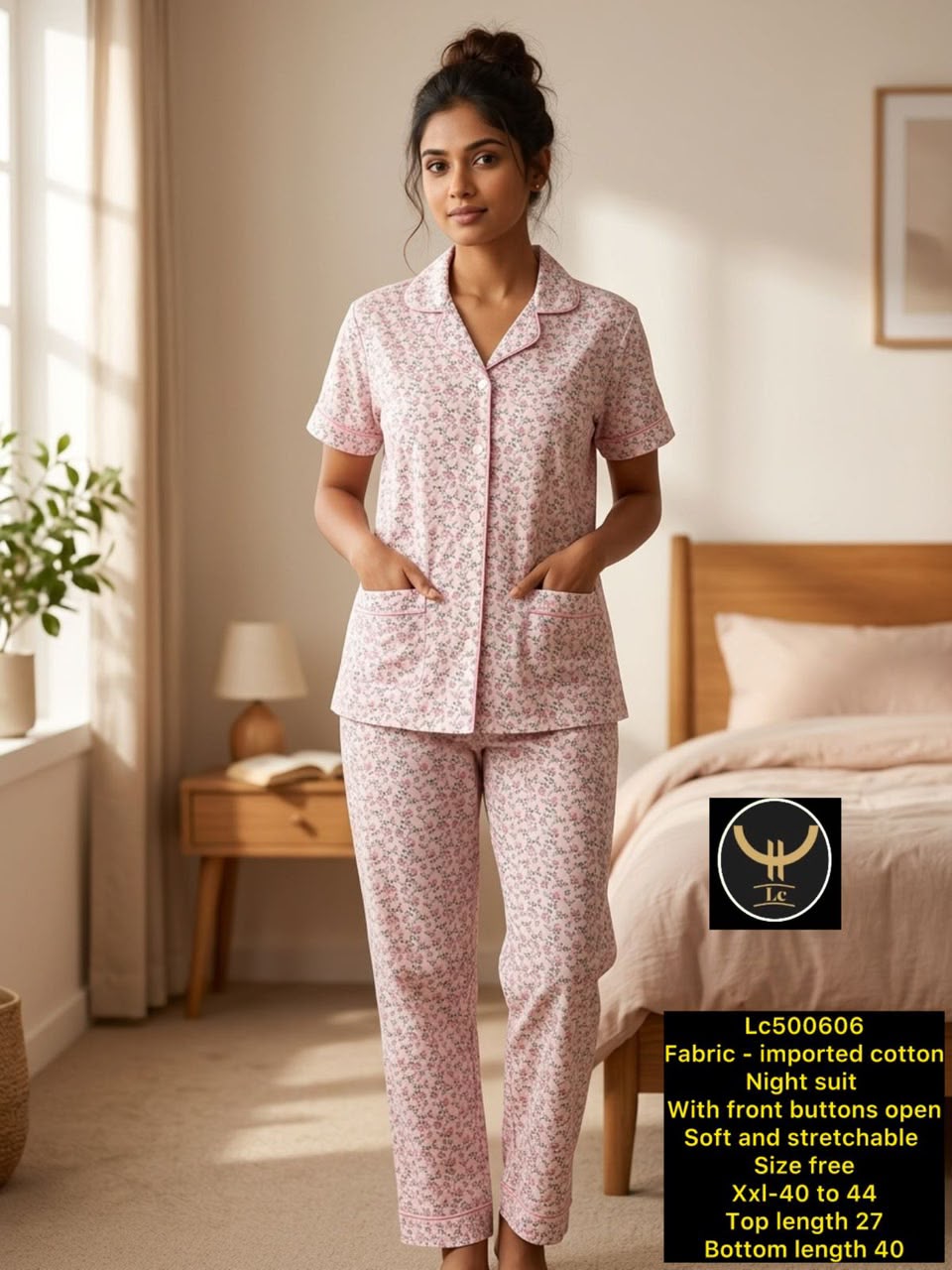 Women Stretchable Cotton Notch Collar Short Sleeve Nightwear Set with Pockets