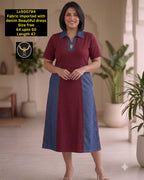 Imported Fabric Color-Block Casual One-Piece Dress with Denim Accents
