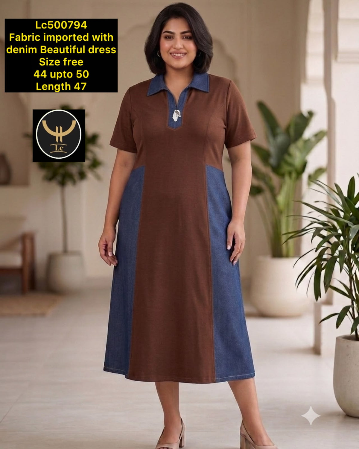 Imported Fabric Color-Block Casual One-Piece Dress with Denim Accents