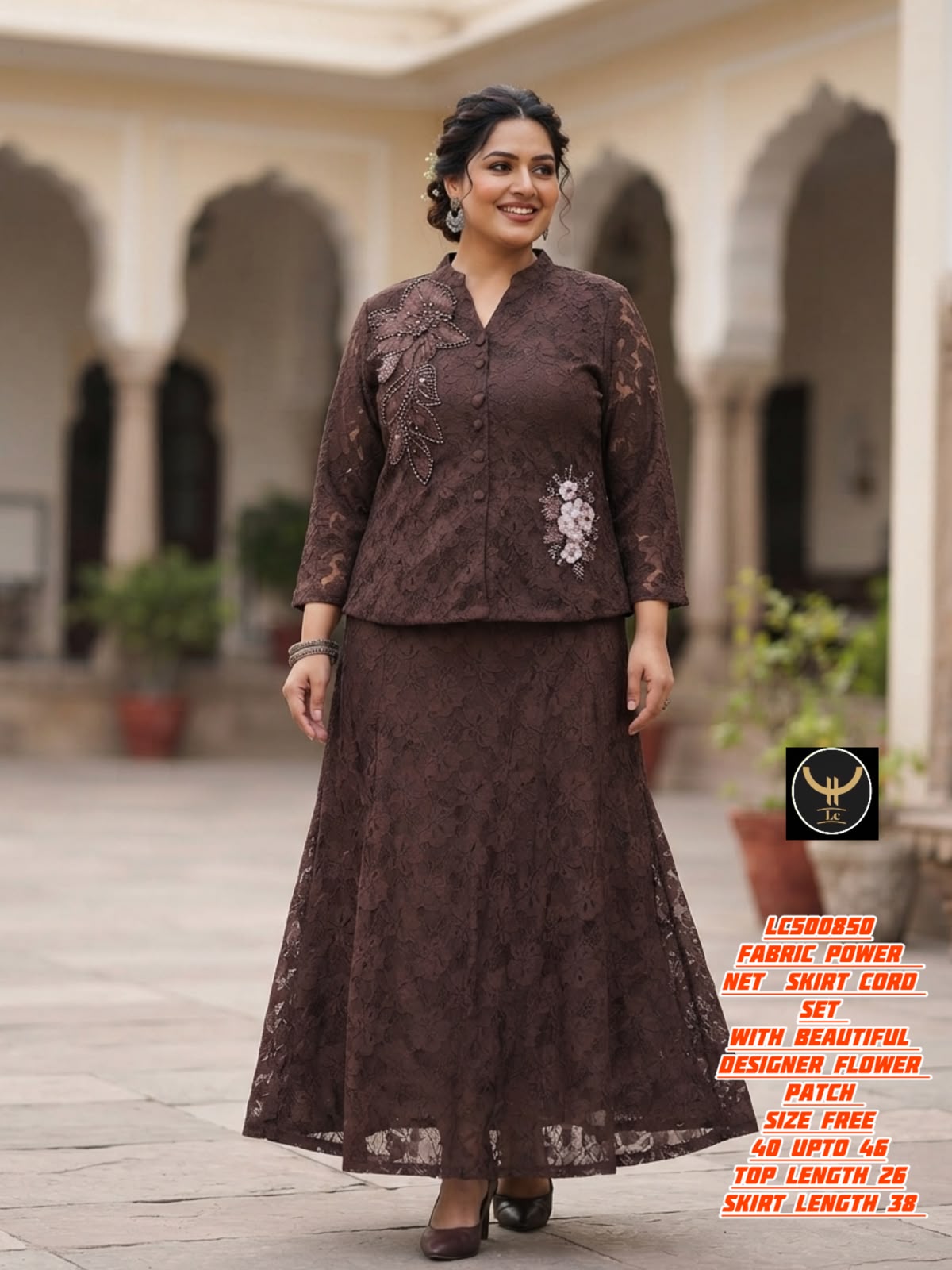 Elegant Power Net Skirt Co-Ord Set with Designer Flower Patch