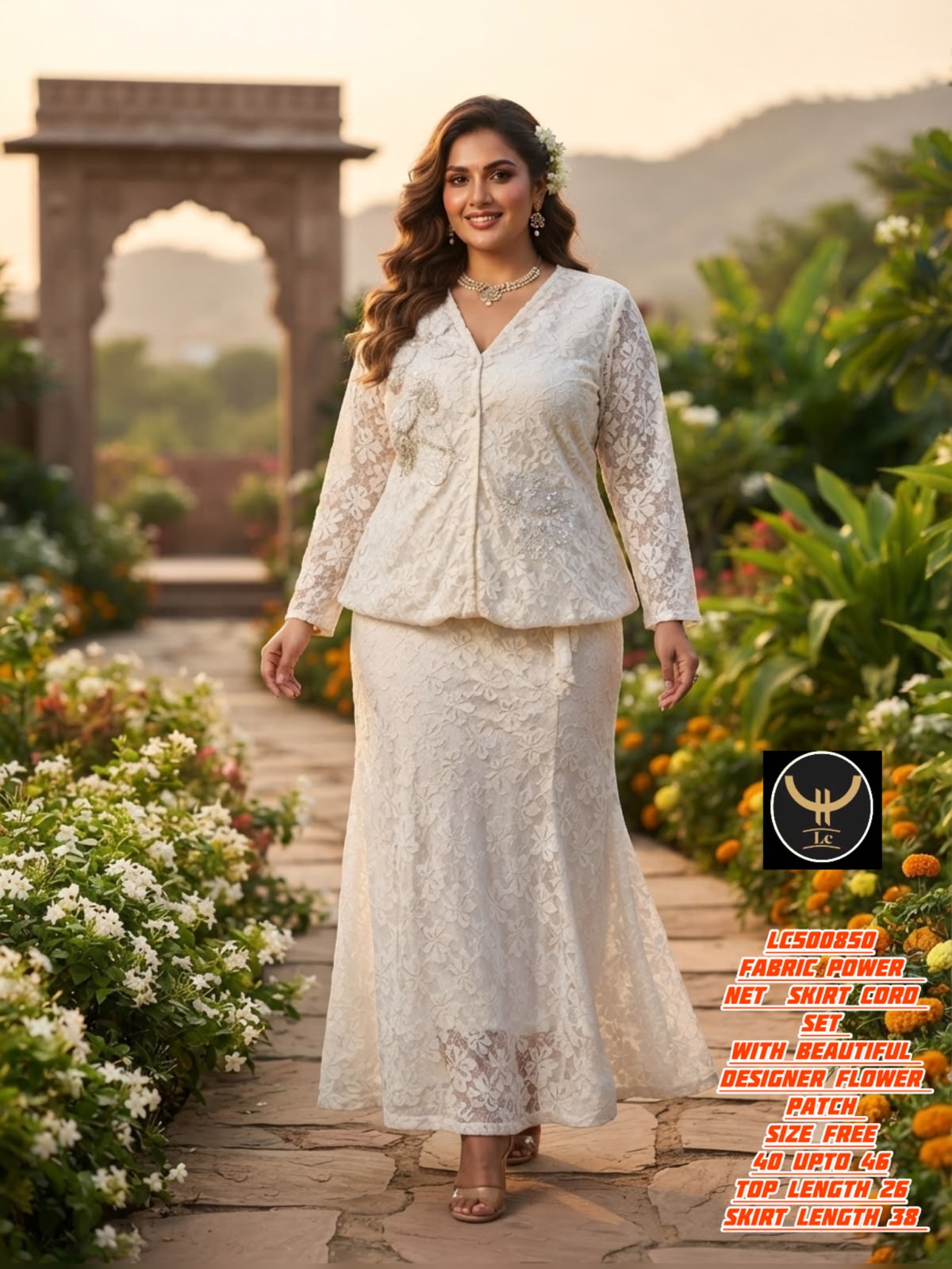 Elegant Power Net Skirt Co-Ord Set with Designer Flower Patch
