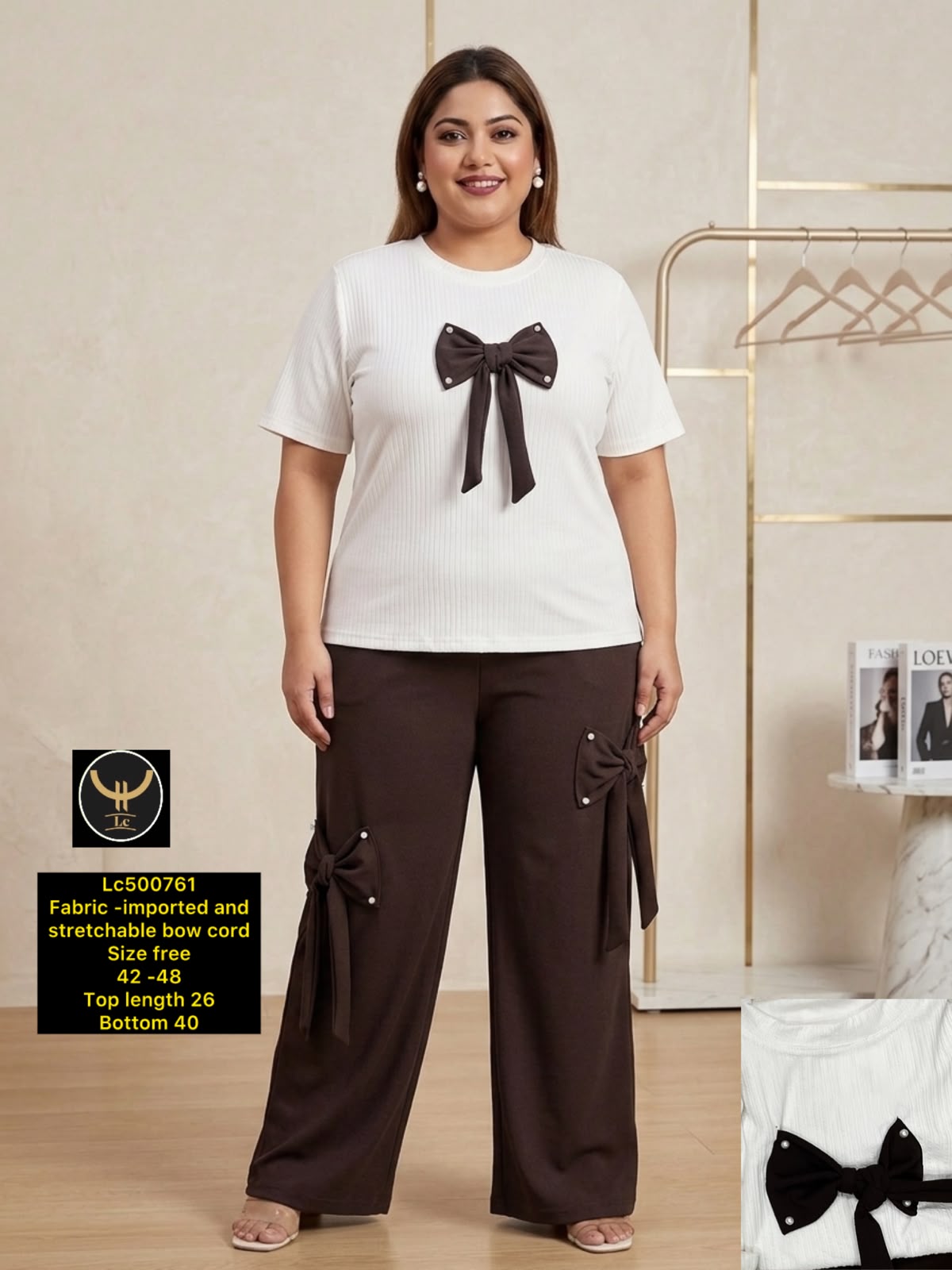 Women's Solid Front Bow Detail Top & Pants Cord Set