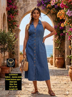 Chic V-Neck Short-Sleeve Soft Denim Midi Dress with Pockets
