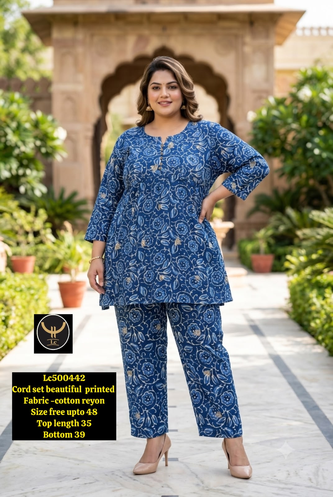 Women's Floral Printed Cotton Kaftan Top & Palazzo Pants Set