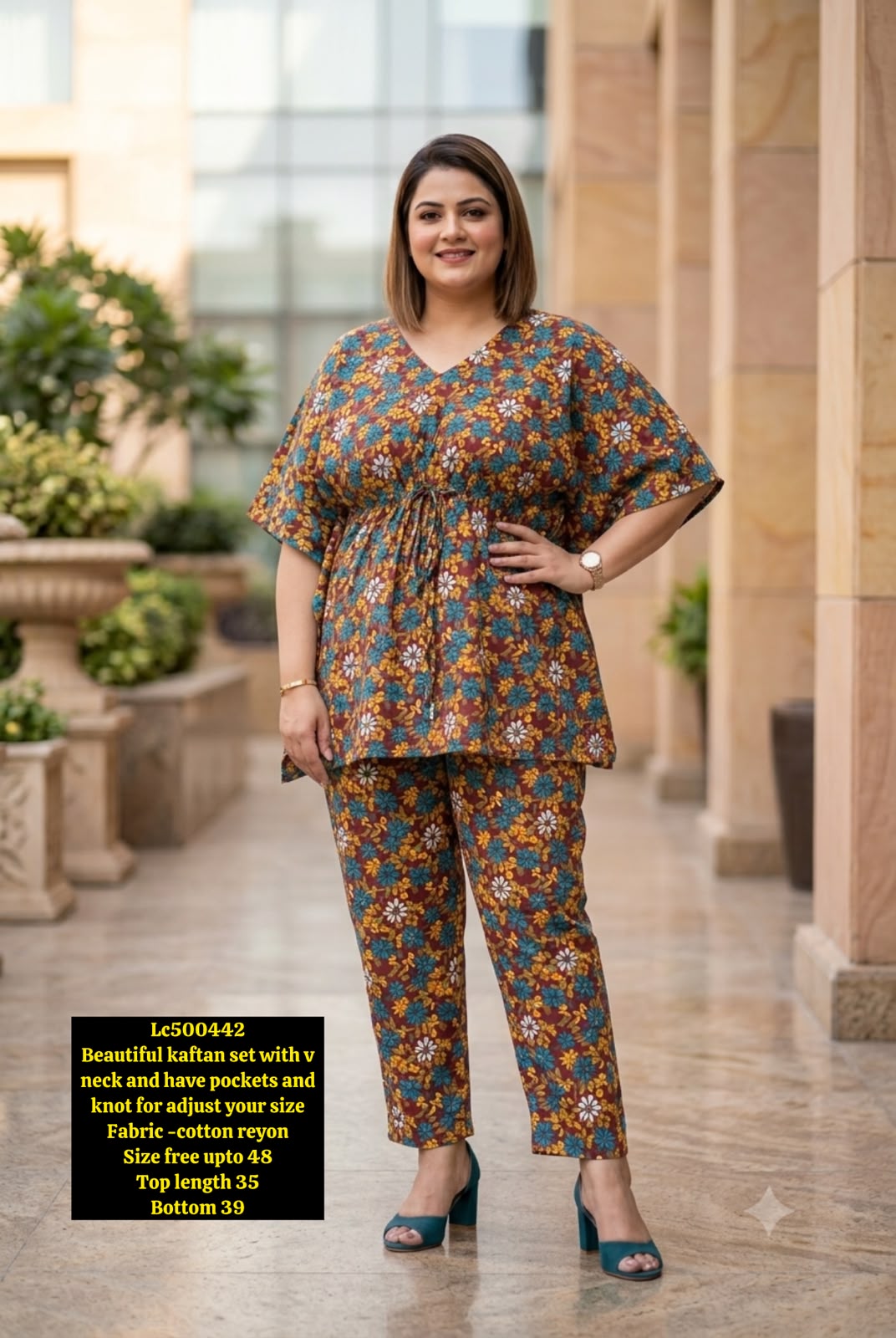 Women's Floral Printed Cotton Kaftan Top & Palazzo Pants Set