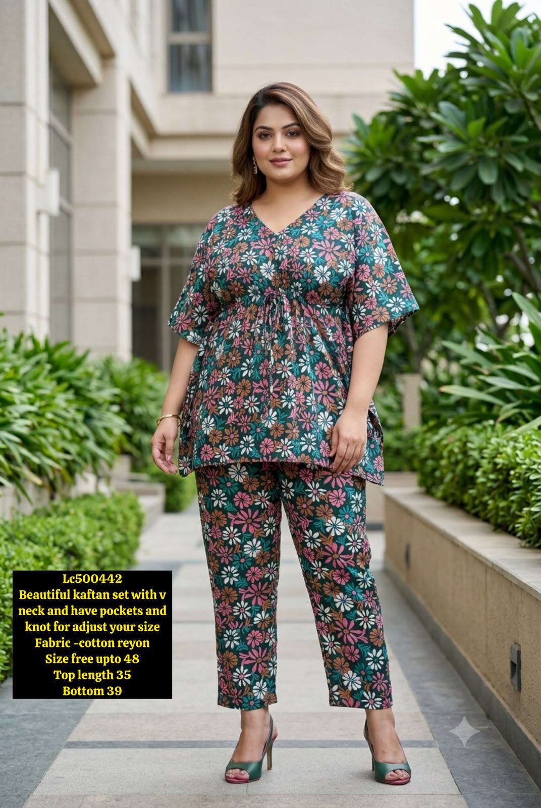 Women's Floral Printed Cotton Kaftan Top & Palazzo Pants Set