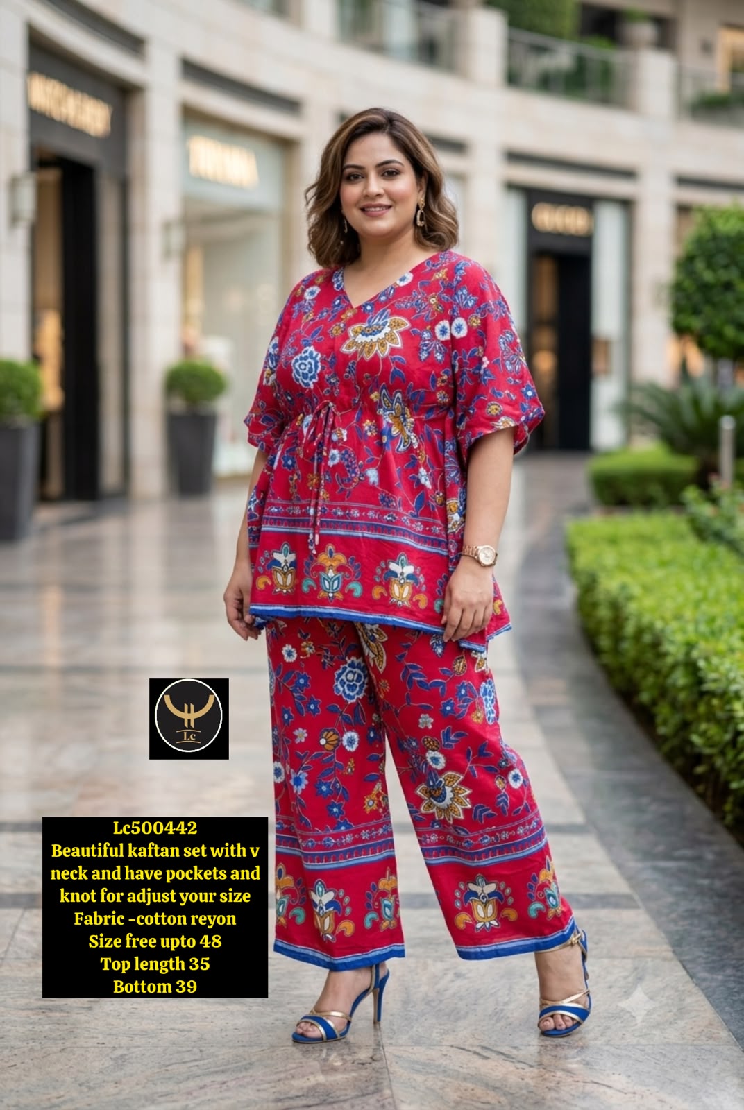 Women's Floral Printed Cotton Kaftan Top & Palazzo Pants Set