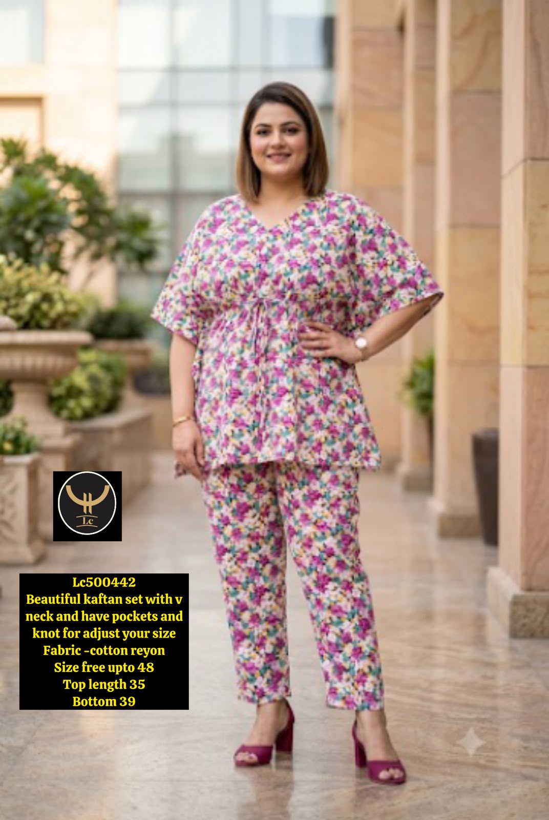 Women's Floral Printed Cotton Kaftan Top & Palazzo Pants Set