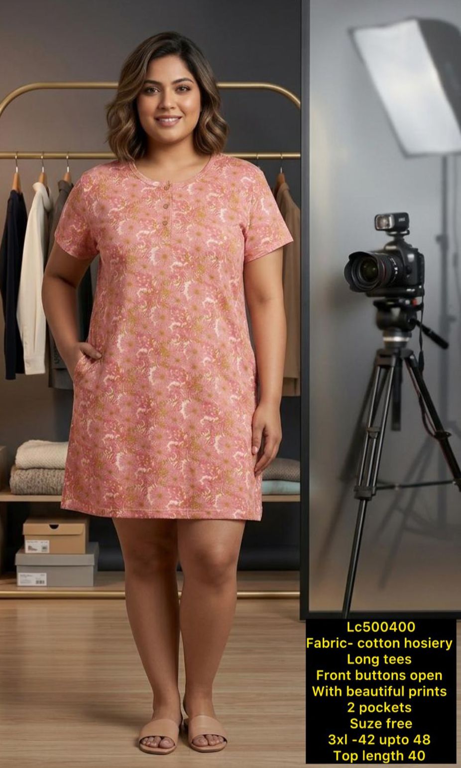 Women's Plus Size Printed Cotton Hosiery Long Tunic / Kurti Top with Pockets