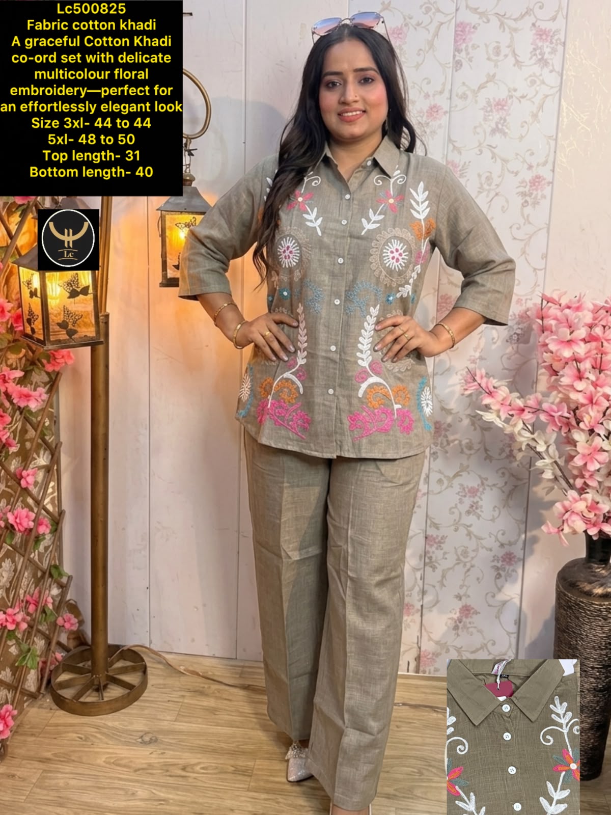 Pure comfort with elegant look! Premium Cotton Khadi co-ord set with beautiful multicolour floral embroidery