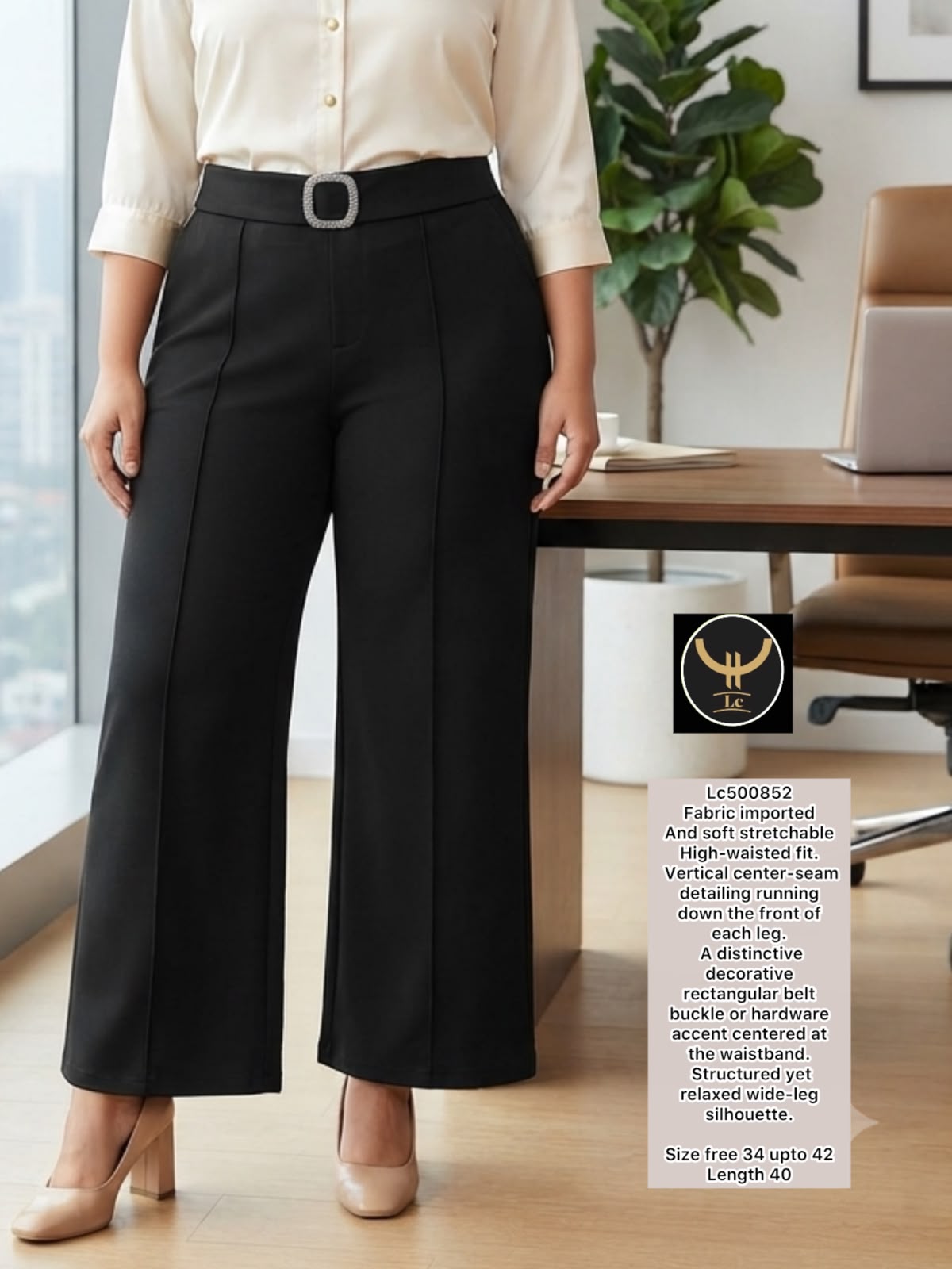 Chic Imported Stretchable Wide-Leg Trousers with Seam Detailing 