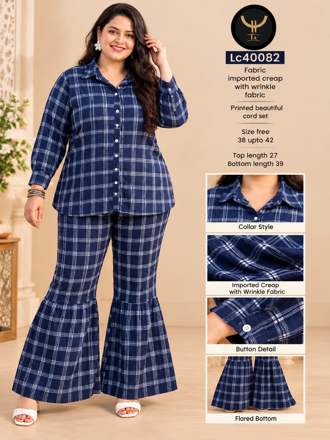 Gingham Check Collared Button-Down Shirt & Flared Trouser Set