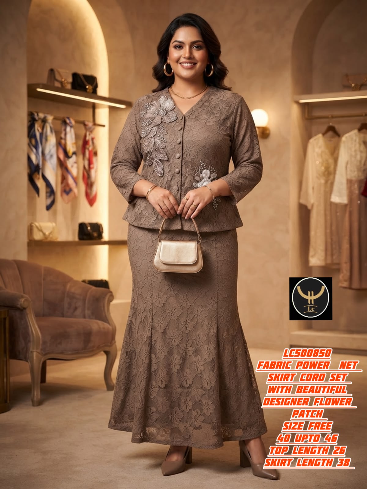 Elegant Power Net Skirt Co-Ord Set with Designer Flower Patch