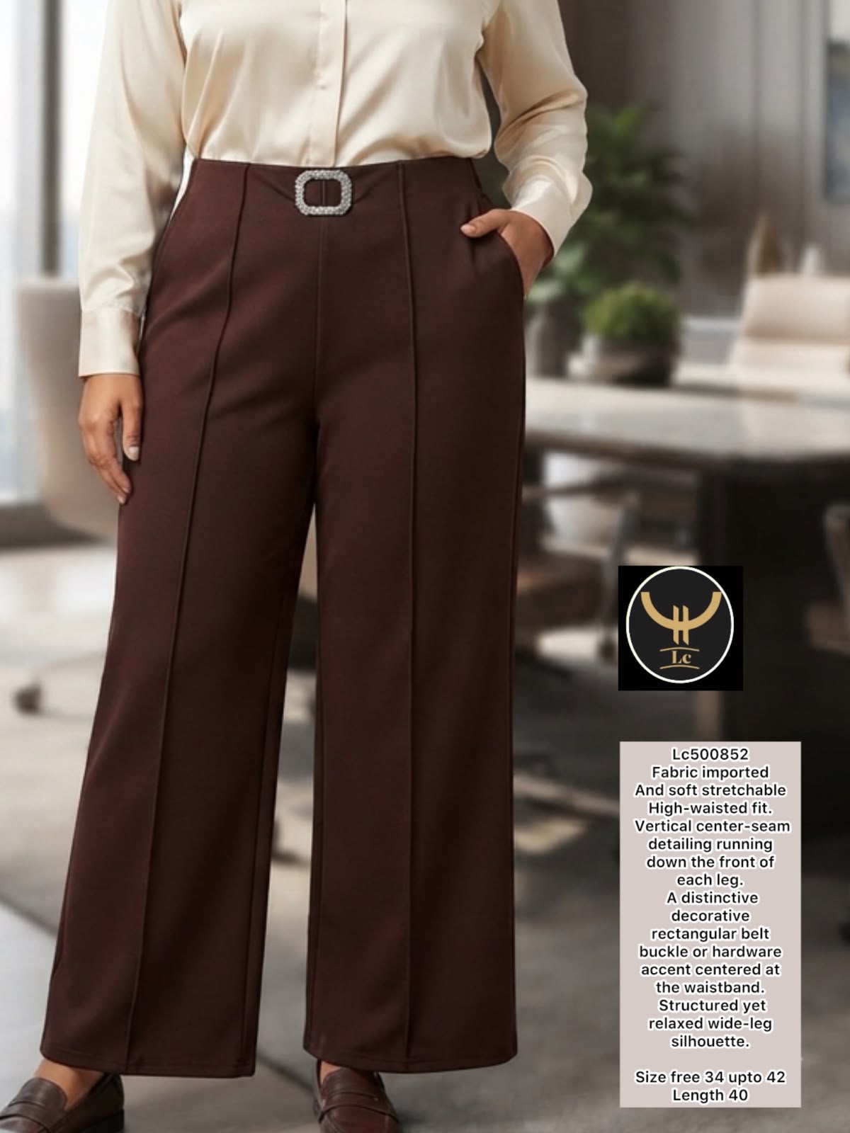 Chic Imported Stretchable Wide-Leg Trousers with Seam Detailing 