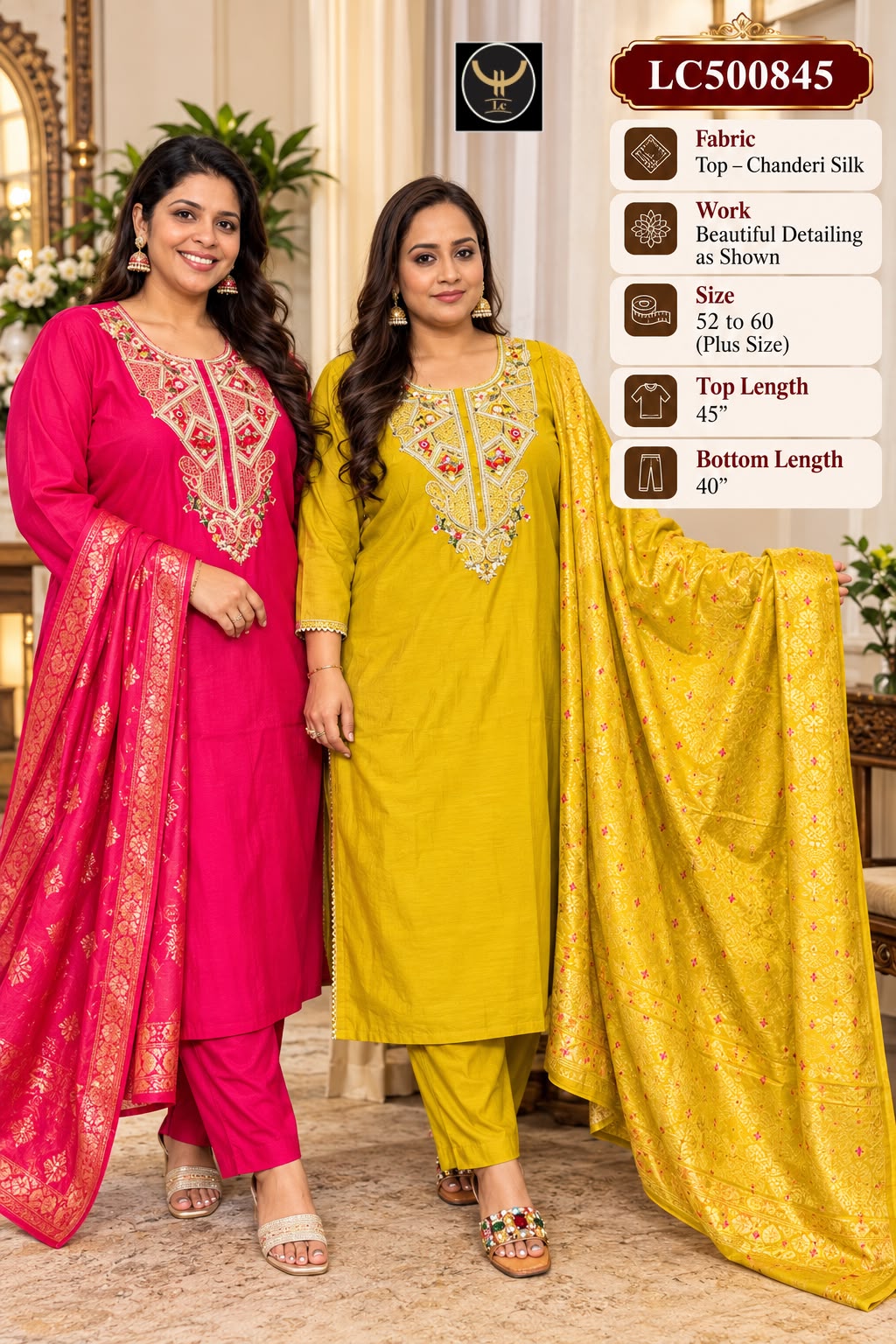 Plus Size Chanderi Silk Embroidered 3-Piece Suit Set 