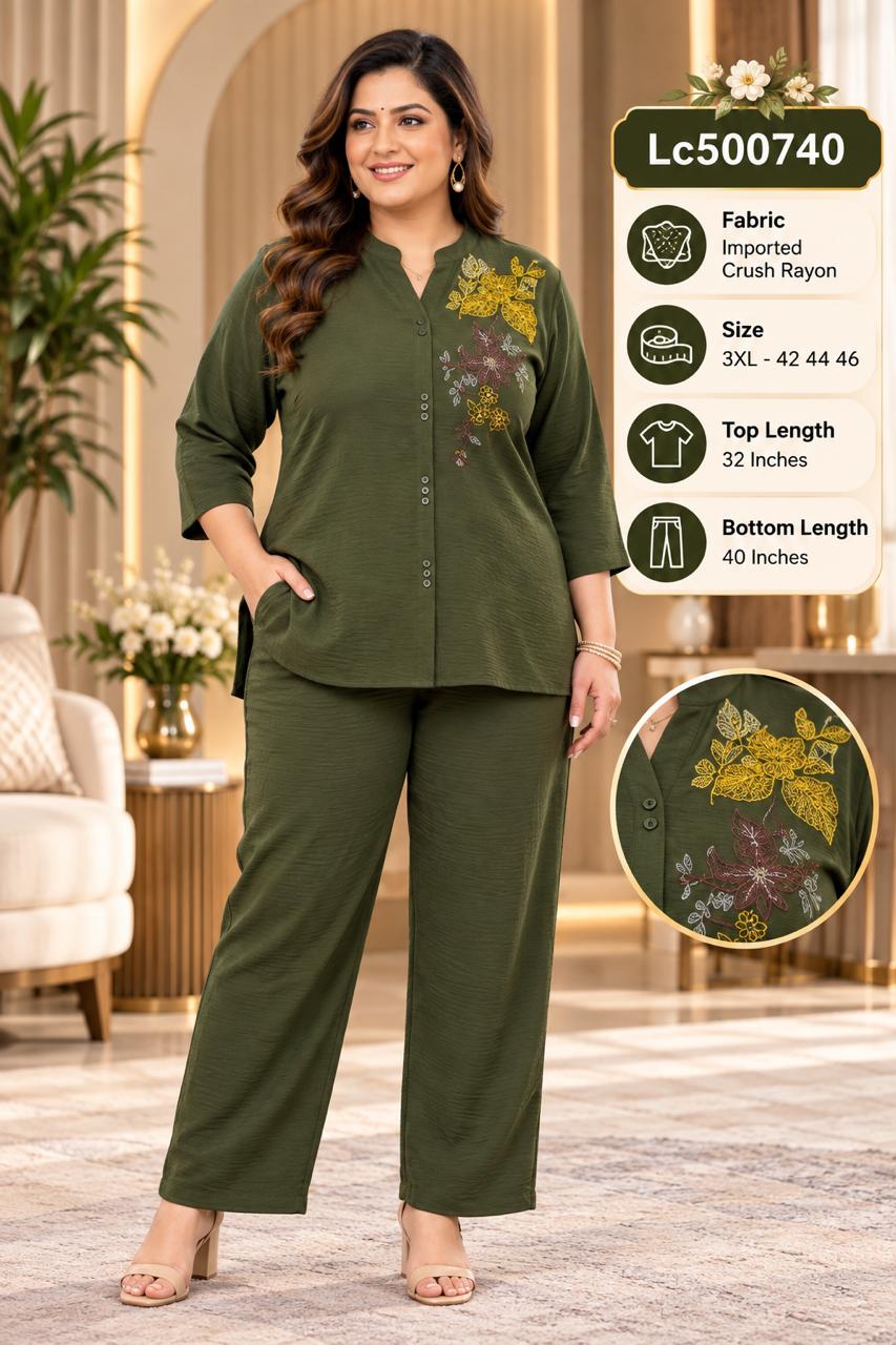 Smart Ethnic Fusion: Mandarin Collar Textured Rayon Co-ord Set with Intricate Shoulder Embroidery