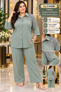 Elegant Collared Rayon Shirt & Palazzo/Trouser Co-ord Set with Shoulder Swarovski Embellishment