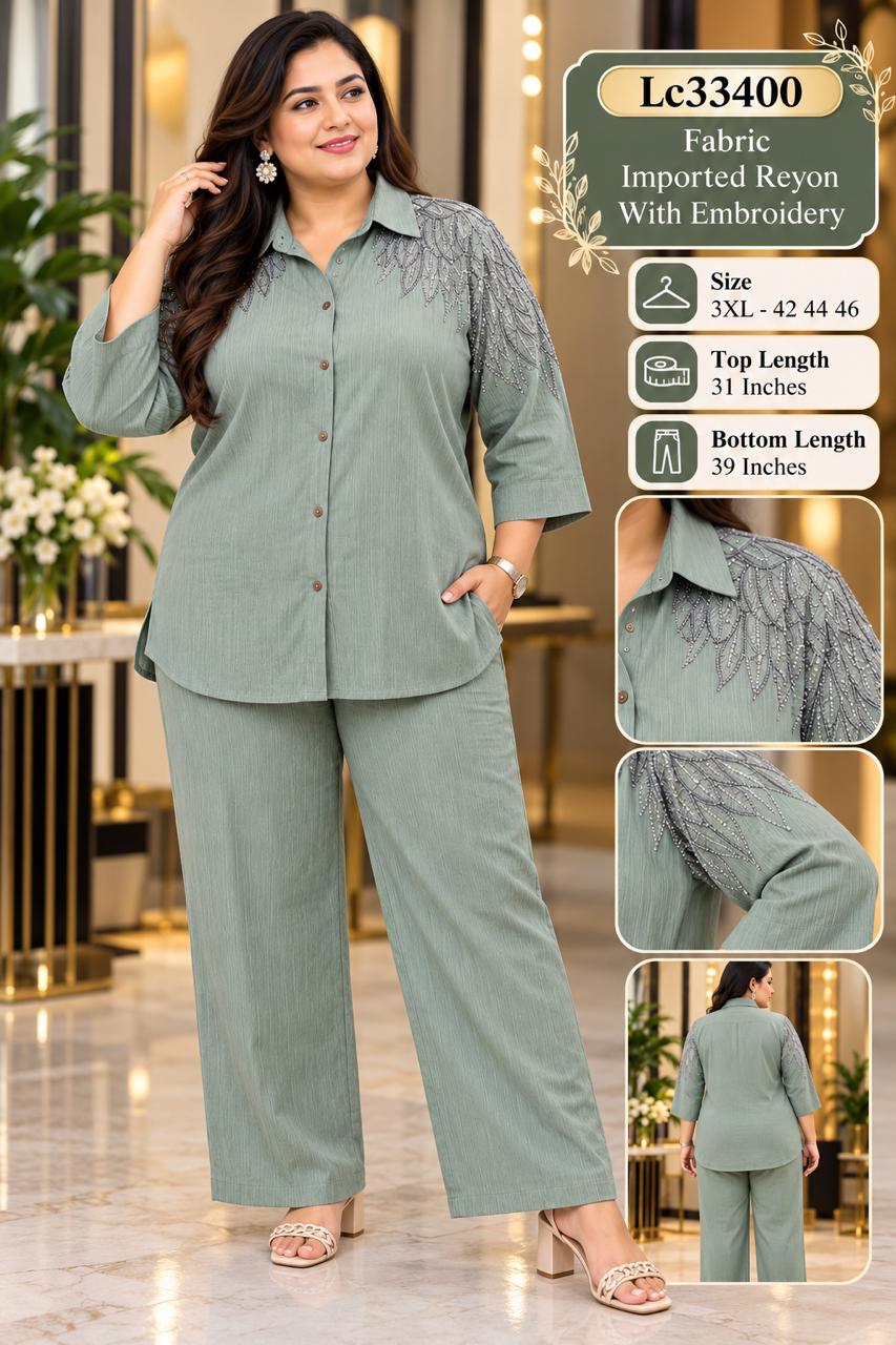 Elegant Collared Rayon Shirt & Palazzo/Trouser Co-ord Set with Shoulder Swarovski Embellishment