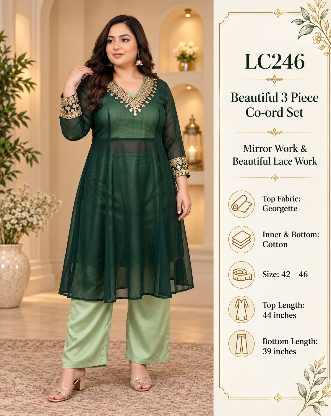 Women 3-Piece Georgette Co-ord Set with Mirror & Lace Work