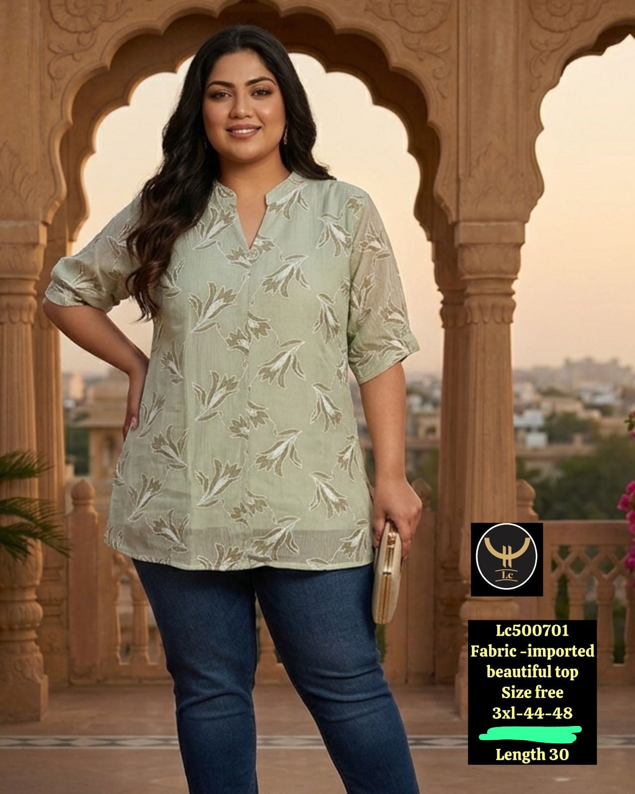 Plus Size Floral Leaf Print Casual Tunic Top / Short Kurti for Women