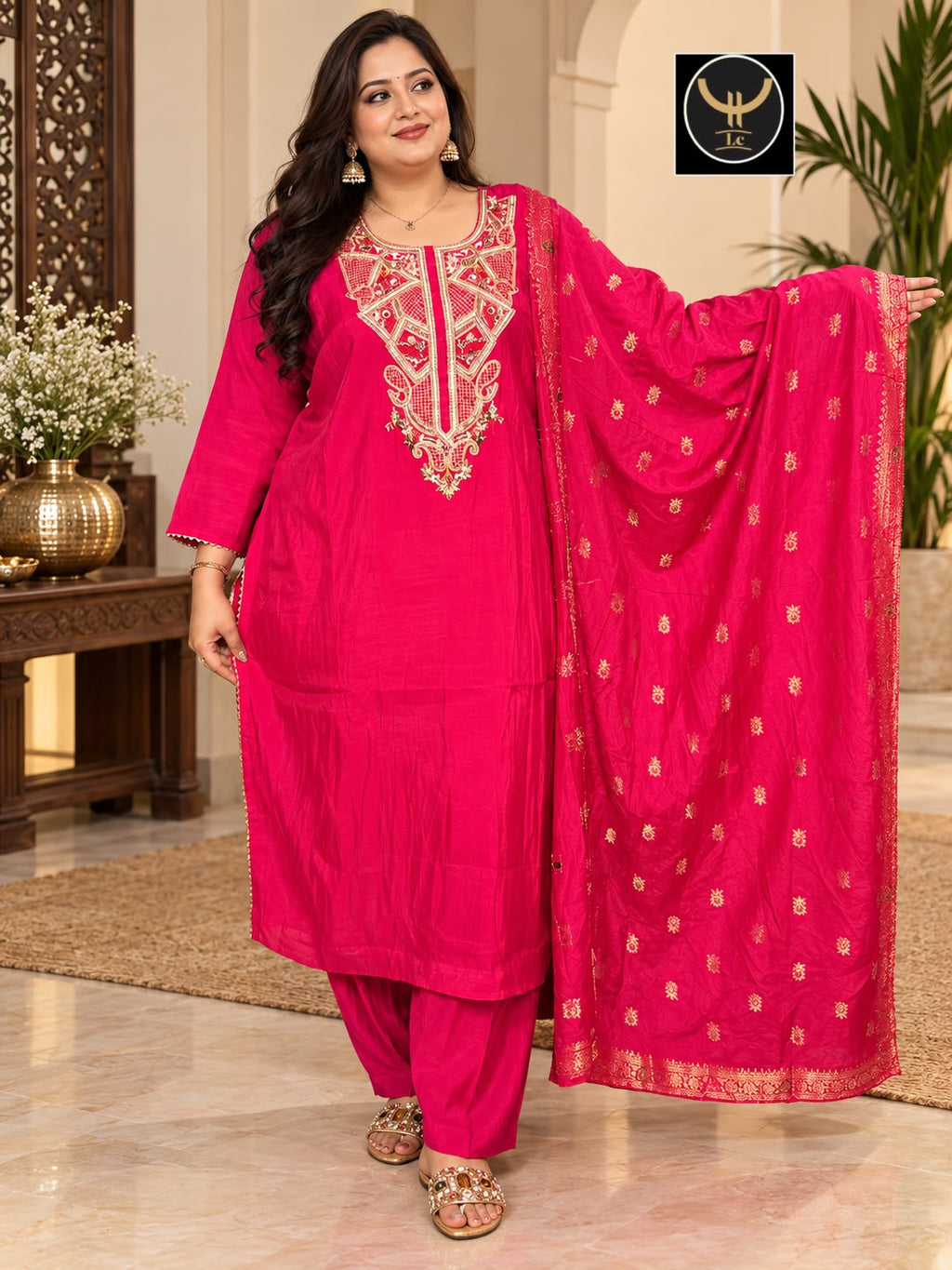 Plus Size Chanderi Silk Embroidered 3-Piece Suit Set 