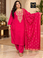 Plus Size Chanderi Silk Embroidered 3-Piece Suit Set 