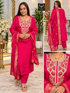 Plus Size Chanderi Silk Embroidered 3-Piece Suit Set 