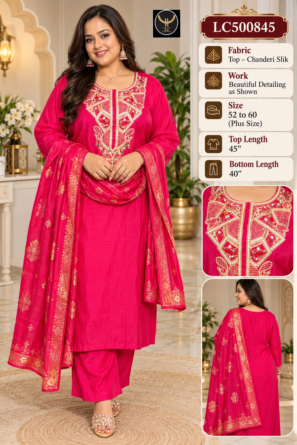 Plus Size Chanderi Silk Embroidered 3-Piece Suit Set 