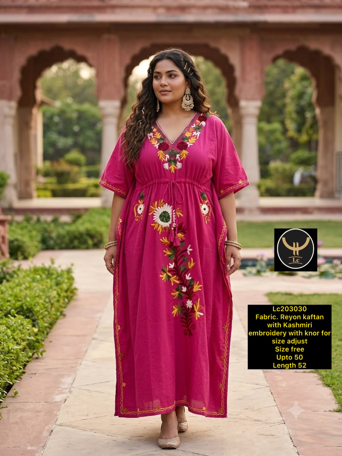 Rayon Kashmiri Embroidered V-Neck Nighty / Loungewear Kaftan Dress