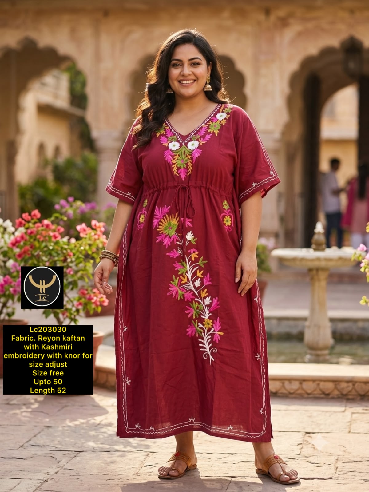 Rayon Kashmiri Embroidered V-Neck Nighty / Loungewear Kaftan Dress