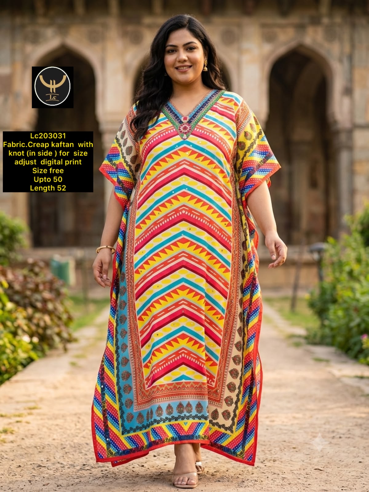 Women Abstract Digital Print Crepe Kaftan Maxi Dress with Inner Knot Tie