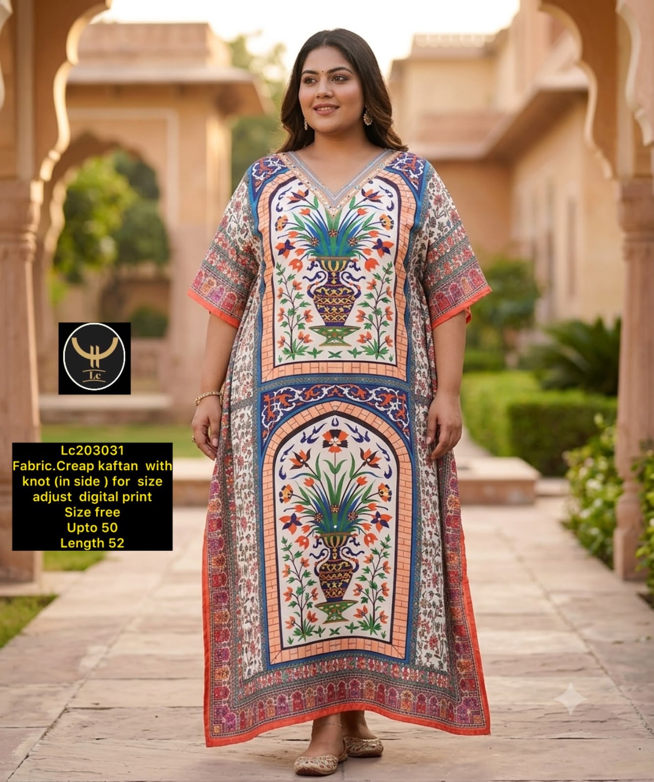 Women Abstract Digital Print Crepe Kaftan Maxi Dress with Inner Knot Tie