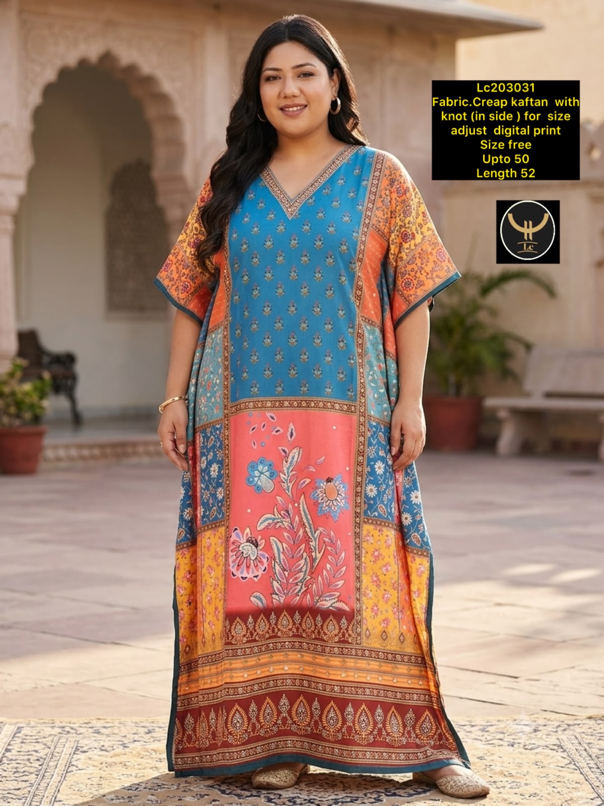 Women Abstract Digital Print Crepe Kaftan Maxi Dress with Inner Knot Tie