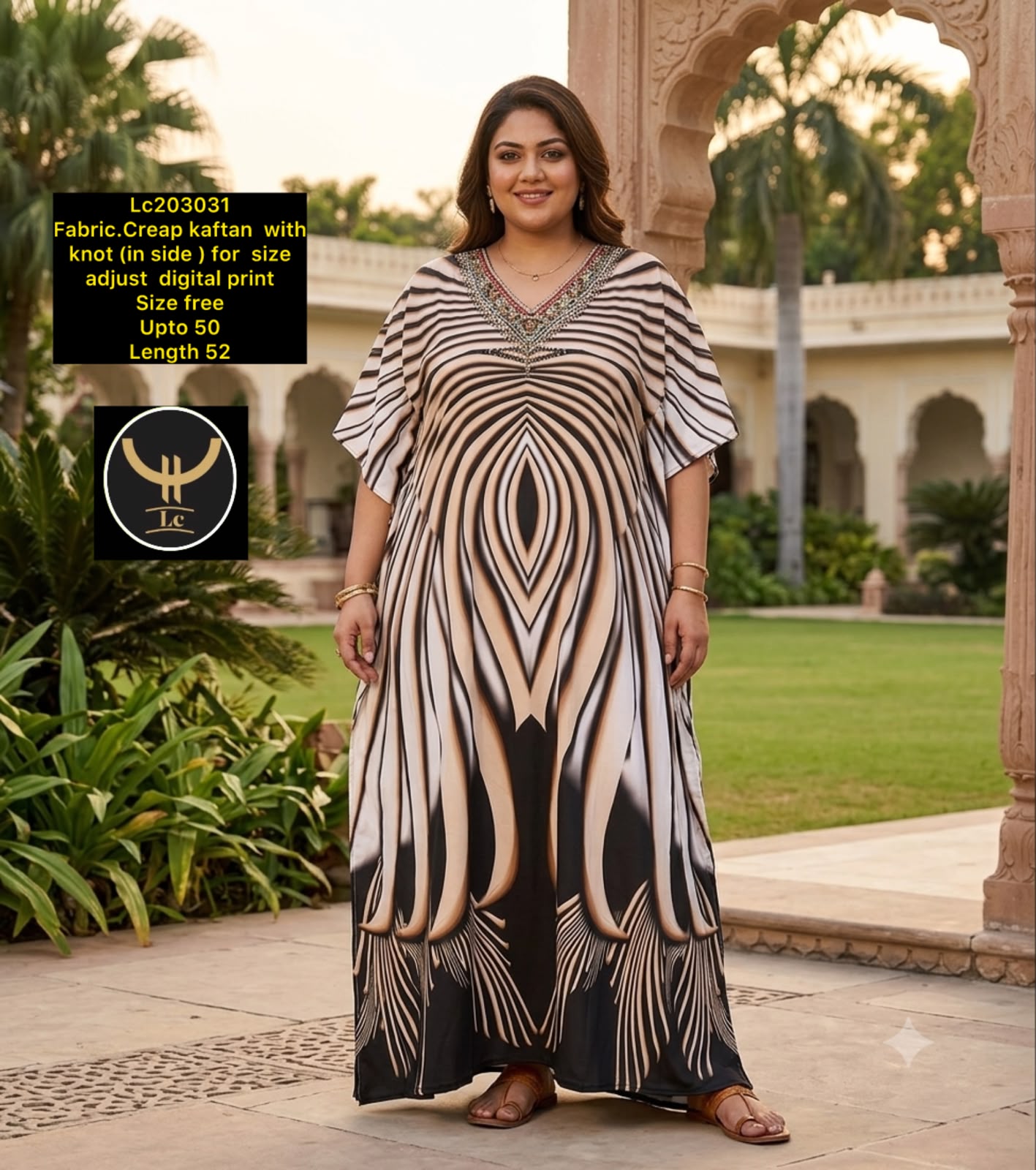 Women Abstract Digital Print Crepe Kaftan Maxi Dress with Inner Knot Tie