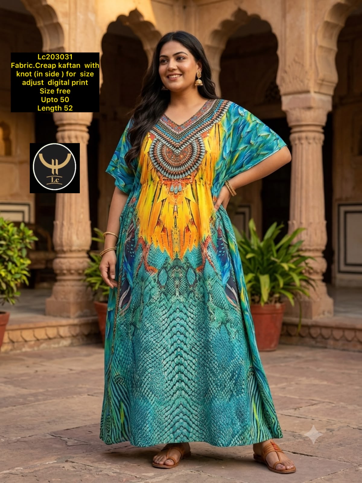 Women Abstract Digital Print Crepe Kaftan Maxi Dress with Inner Knot Tie