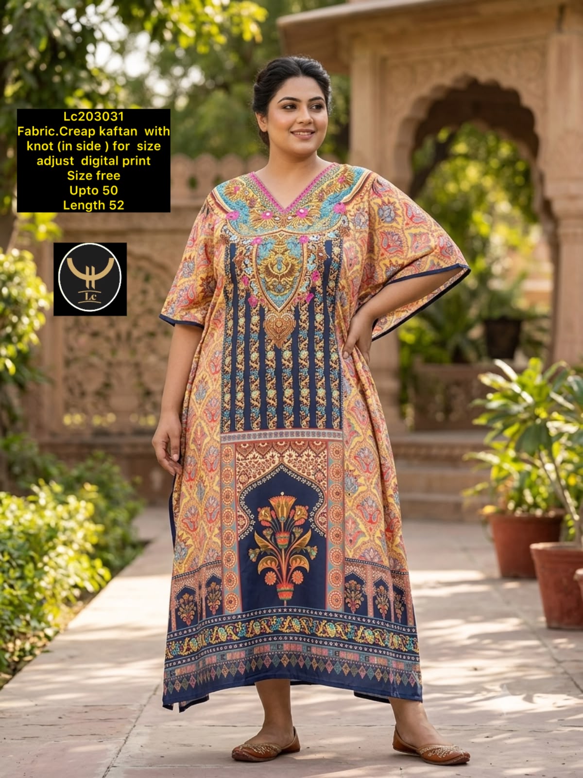 Women Abstract Digital Print Crepe Kaftan Maxi Dress with Inner Knot Tie
