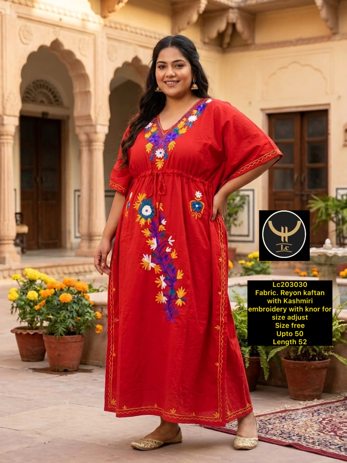 Rayon Kashmiri Embroidered V-Neck Nighty / Loungewear Kaftan Dress