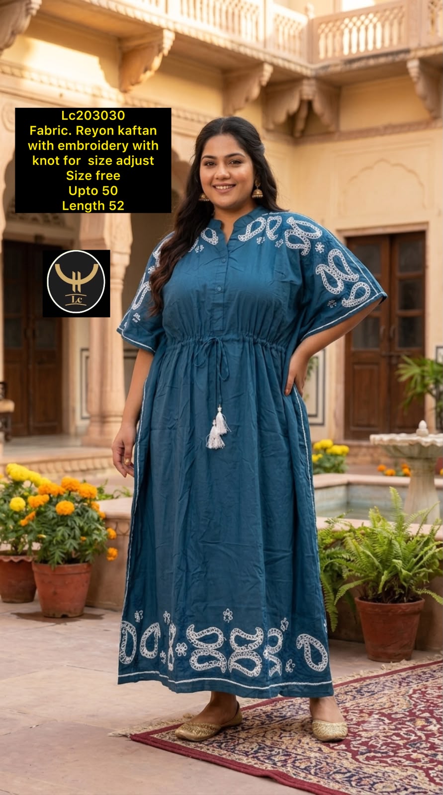 Rayon Kashmiri Embroidered V-Neck Nighty / Loungewear Kaftan Dress