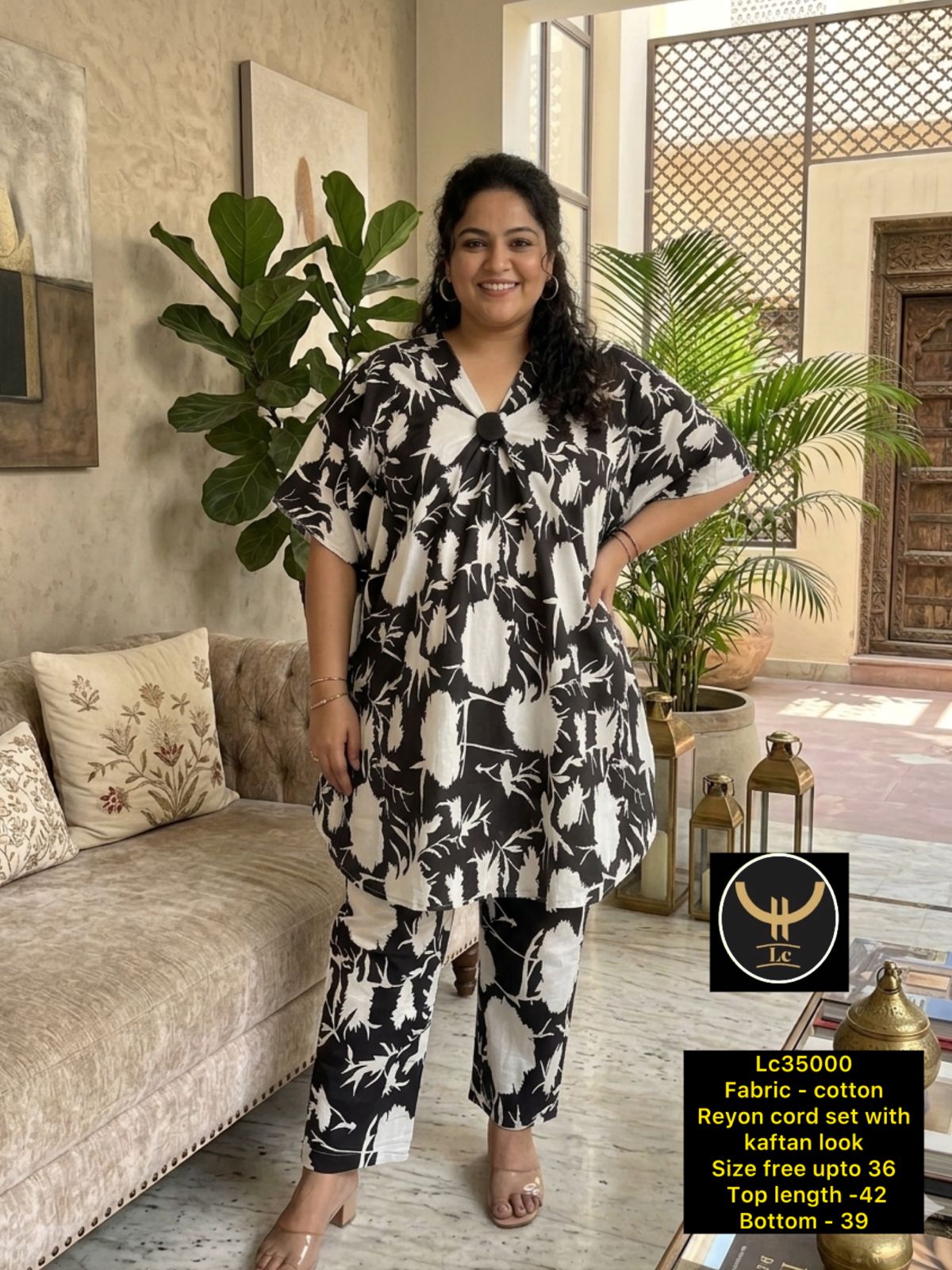 Women Black & White Floral Printed Cotton Rayon Kaftan Co-ord Set