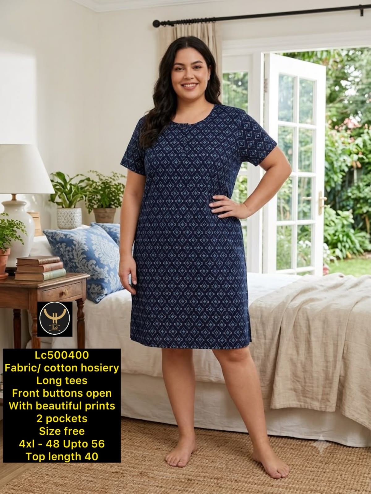 Women's Plus Size Printed Cotton Hosiery Long Tunic / Kurti Top with Pockets