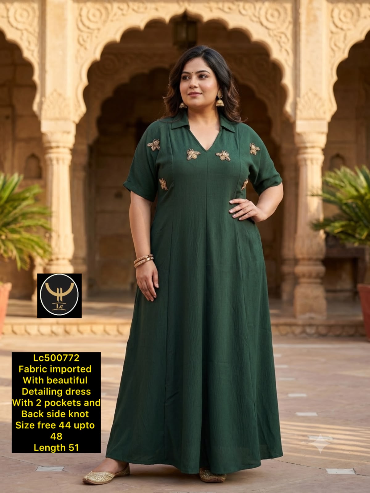 Collared Maxi Dress with Embellished Motif Detailing & Pockets