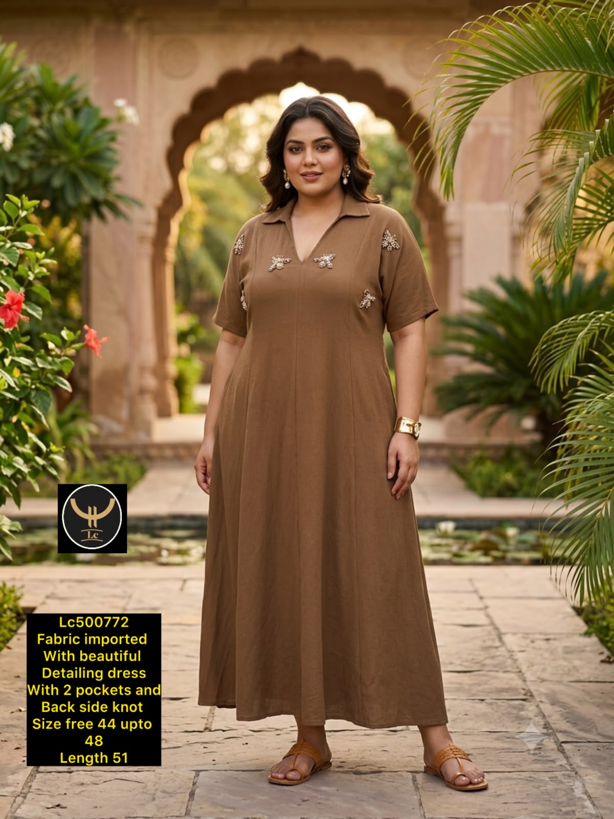 Collared Maxi Dress with Embellished Motif Detailing & Pockets