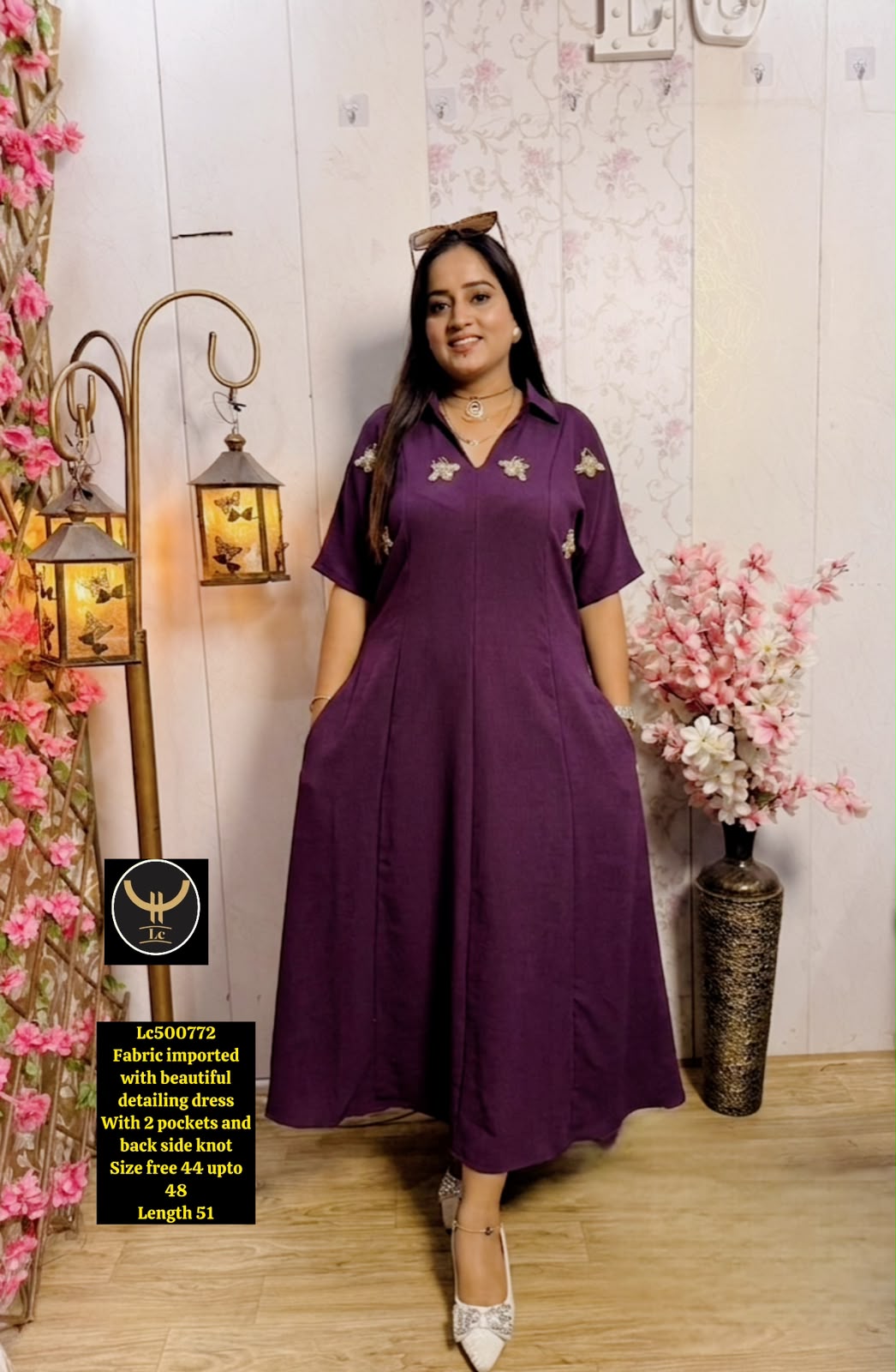 Collared Maxi Dress with Embellished Motif Detailing & Pockets