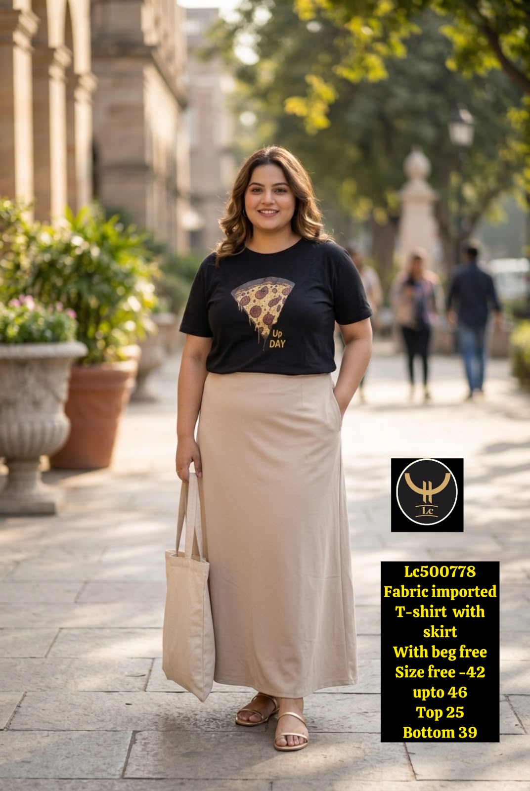 Women Graphic T-Shirt & Brown Flared Skirt Co-ord Set with Free Bag