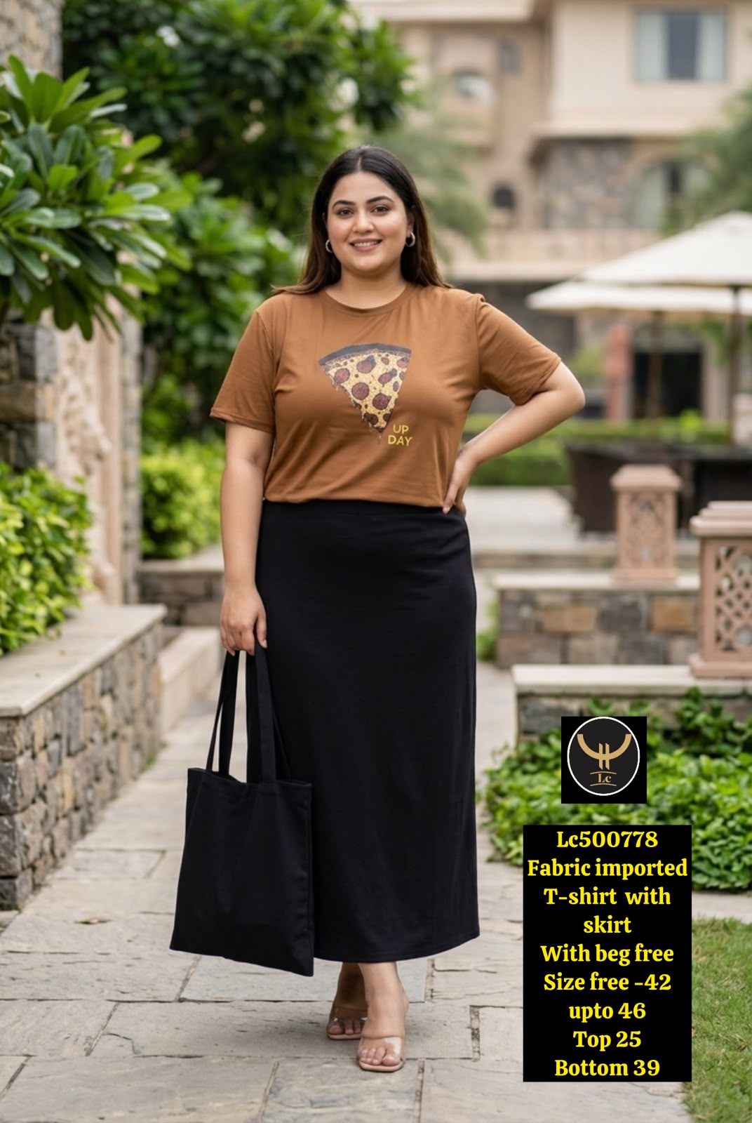 Women Graphic T-Shirt & Brown Flared Skirt Co-ord Set with Free Bag