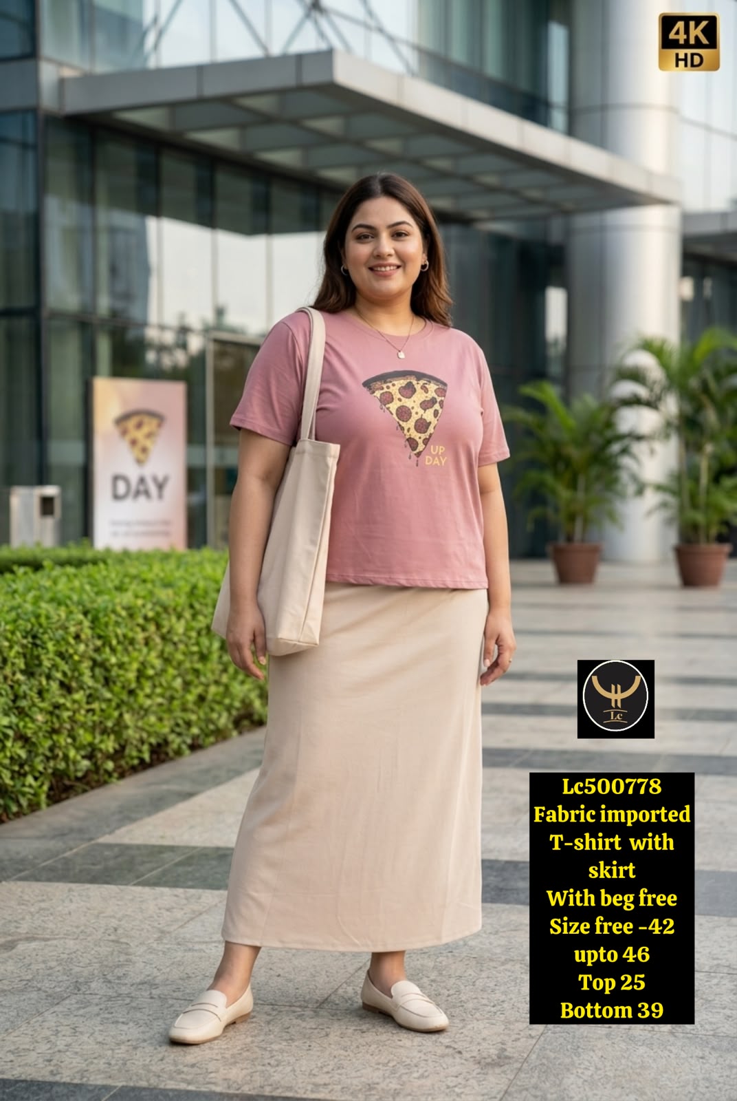 Women Graphic T-Shirt & Brown Flared Skirt Co-ord Set with Free Bag