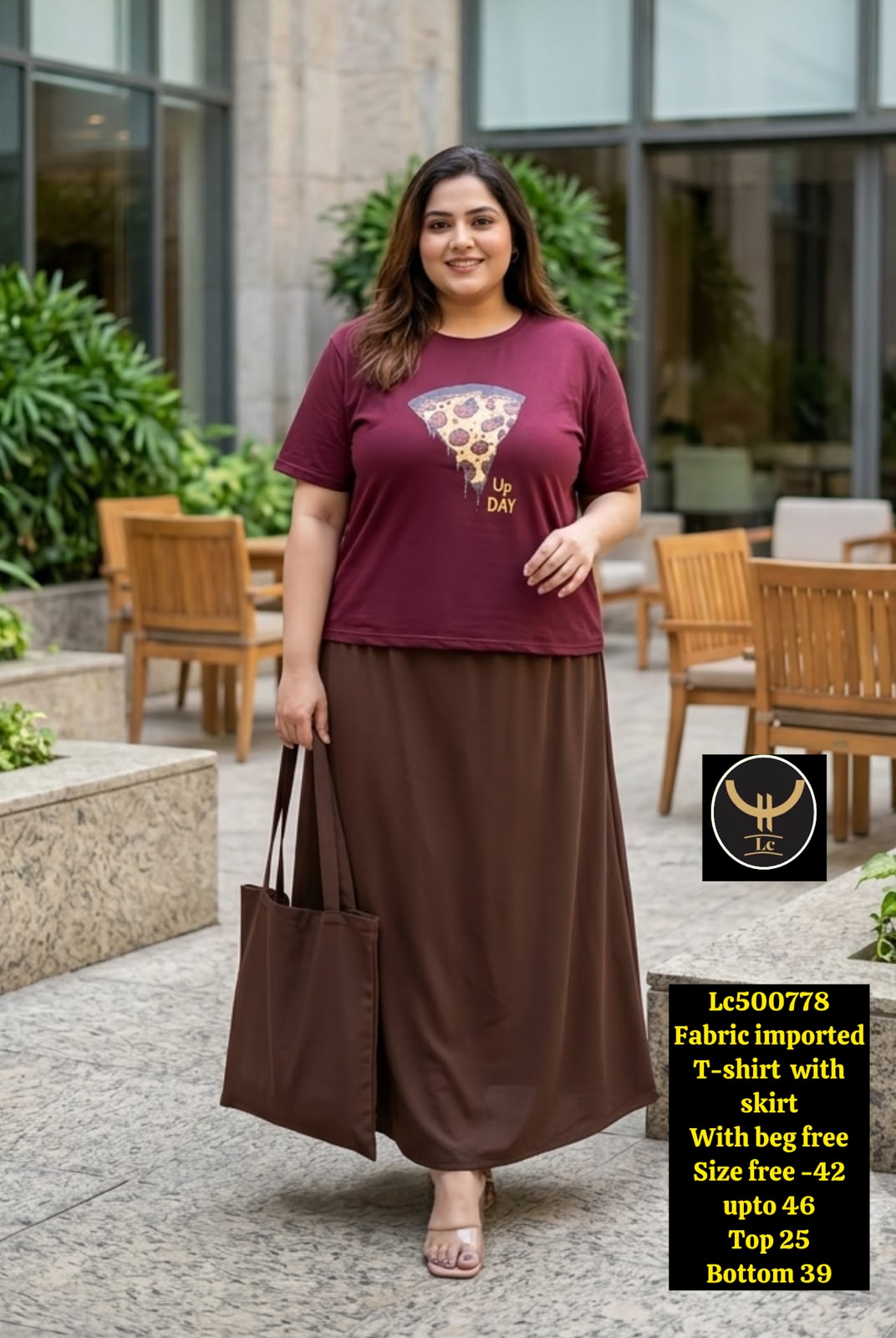 Women Graphic T-Shirt & Brown Flared Skirt Co-ord Set with Free Bag