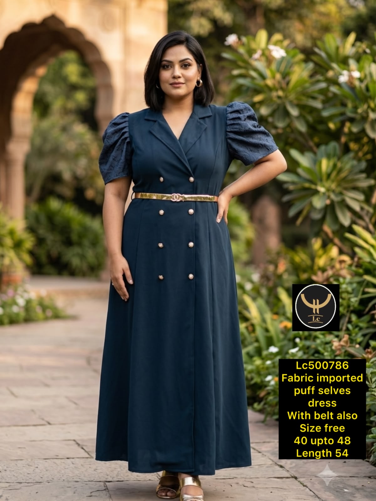 Women Blazer Style Maxi Dress with Puff Sleeves & Metallic Belt